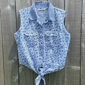 Vintage Kikomō Blue Floral Tie Front Tank Button Down Top
